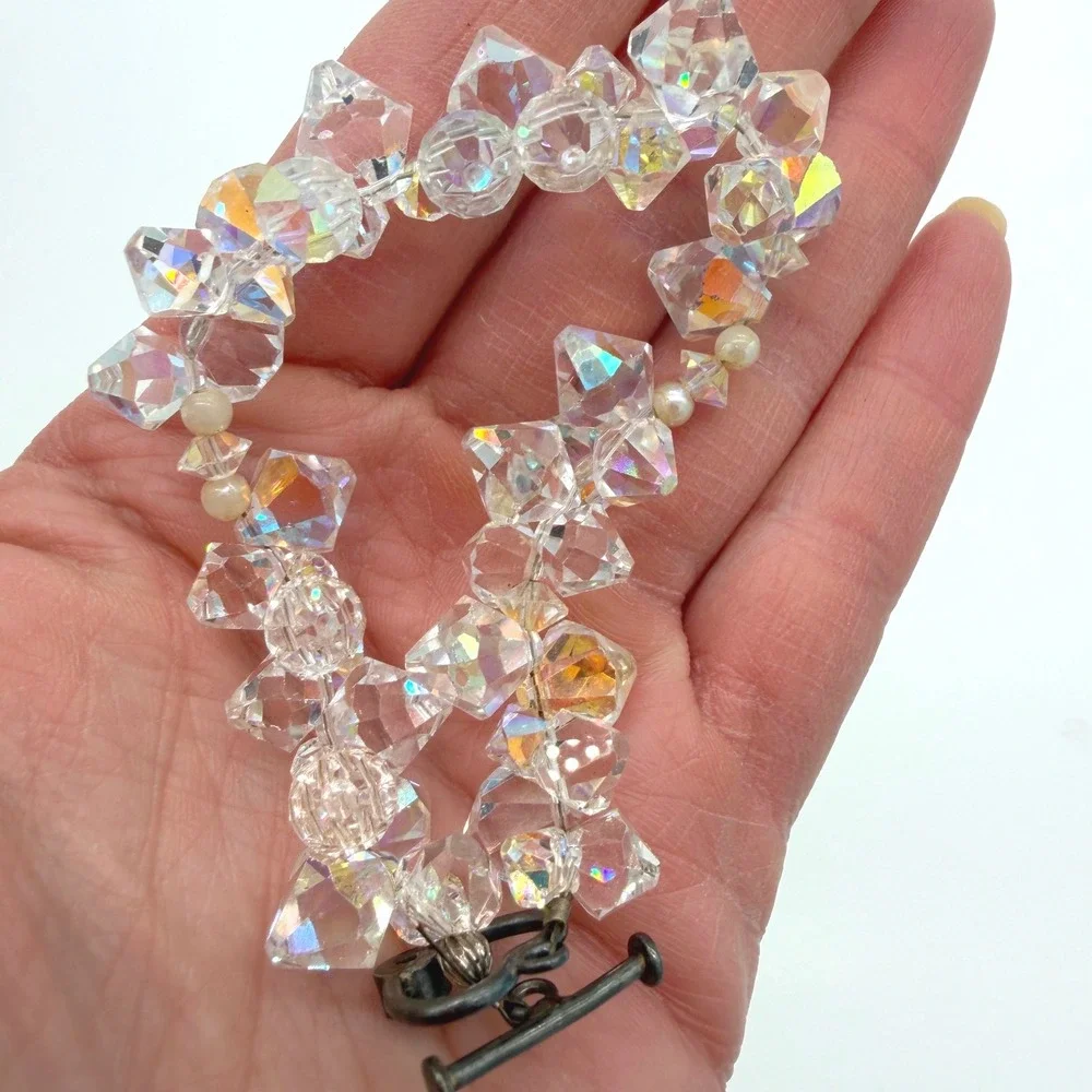 Vtg AB Crystal Bracelet Sterling 925 Chunky Faceted Glass Stones Iridescent 6.5